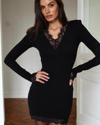 Long Sleeve Bodycon Mini Dress with Lace Trim Detail