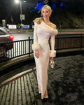 One Shoulder Maxi Dress with Faux Fur Trim and Side Slit