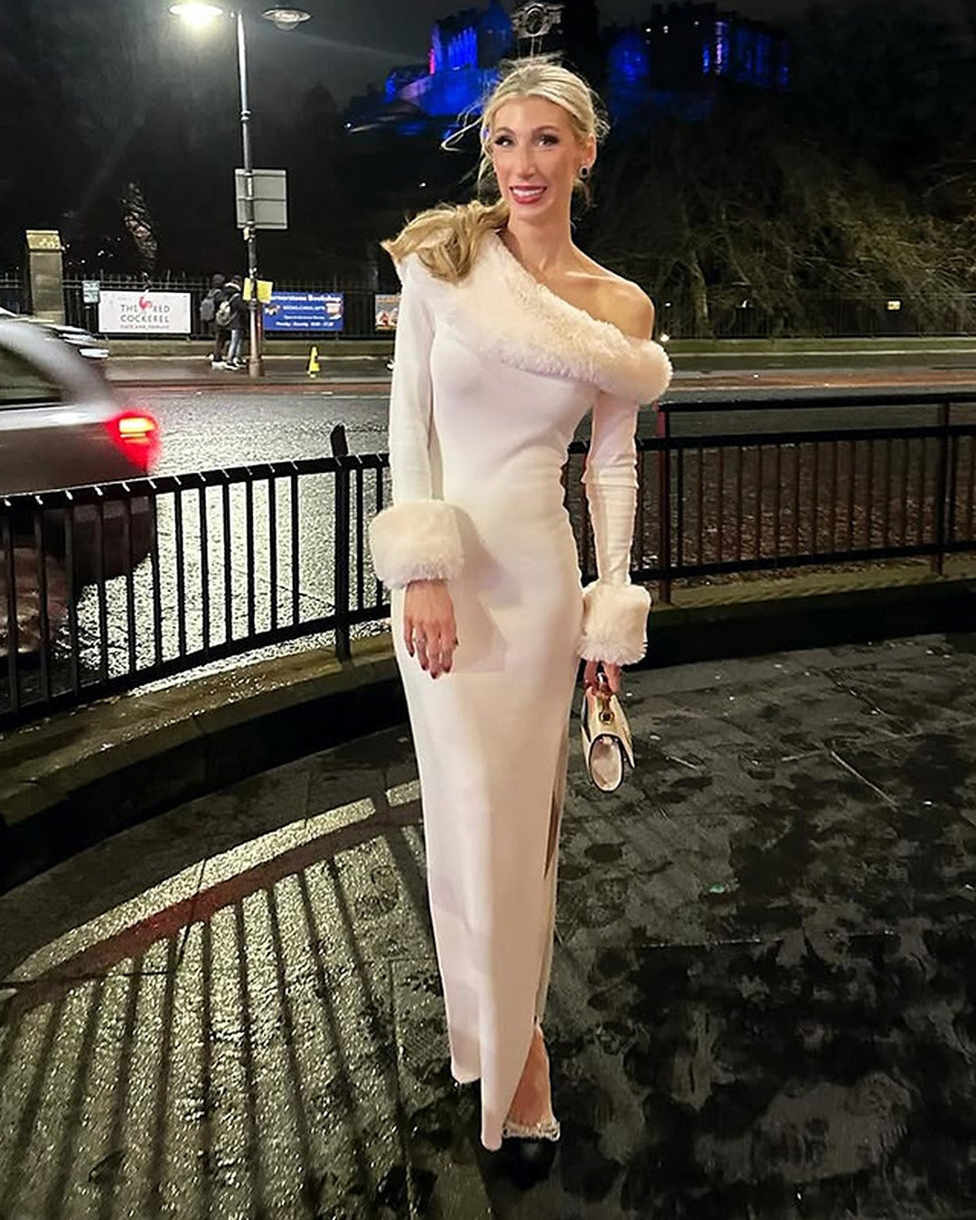 One Shoulder Maxi Dress with Faux Fur Trim and Side Slit