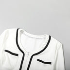 White Crop Jacket and Shorts Two-Piece Set with Black Trim