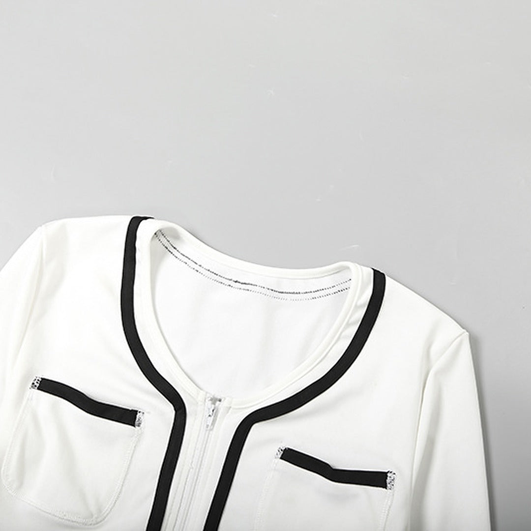 White Crop Jacket and Shorts Two-Piece Set with Black Trim