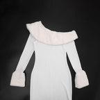 One Shoulder Maxi Dress with Faux Fur Trim and Side Slit