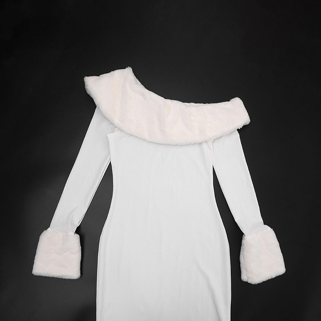 One Shoulder Maxi Dress with Faux Fur Trim and Side Slit
