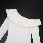 One Shoulder Maxi Dress with Faux Fur Trim and Side Slit