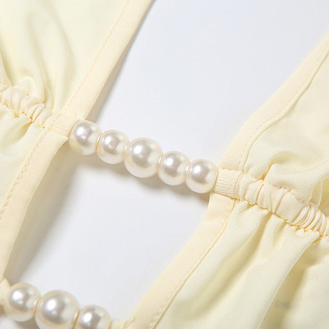 Cutout Monokini Swimsuit with Pearl Beading and Tie Details
