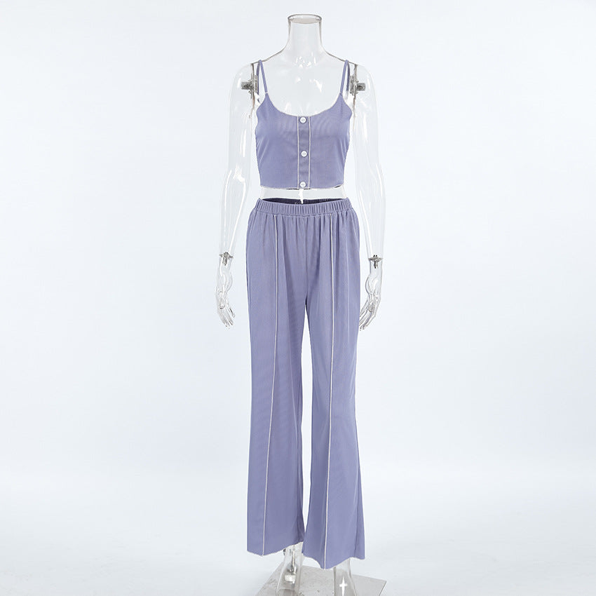 Ribbed Knit Lounge Set - Crop Tank and Pants