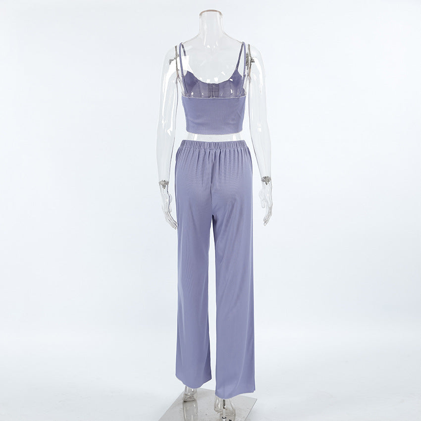 Ribbed Knit Lounge Set - Crop Tank and Pants