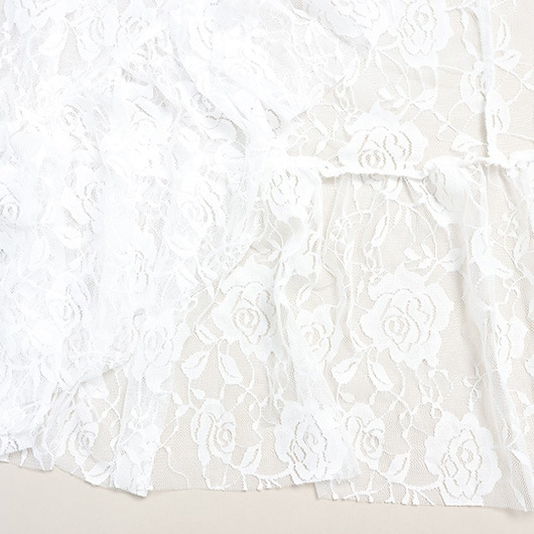 White Lace High-Low Dress with Ruffle Hem