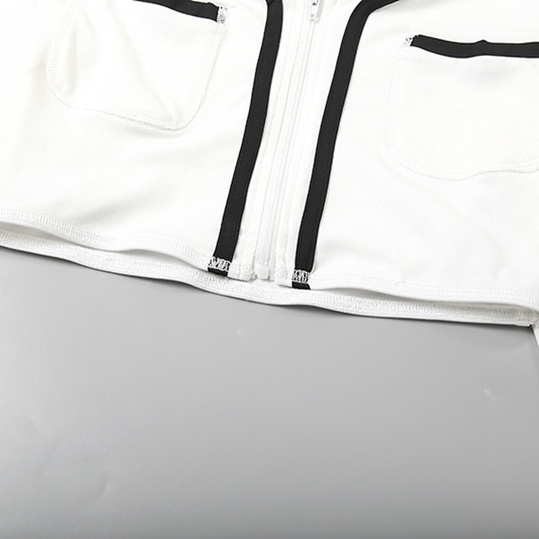 White Crop Jacket and Shorts Two-Piece Set with Black Trim