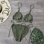 Olive Green Triangle Bikini Set with Metal Details