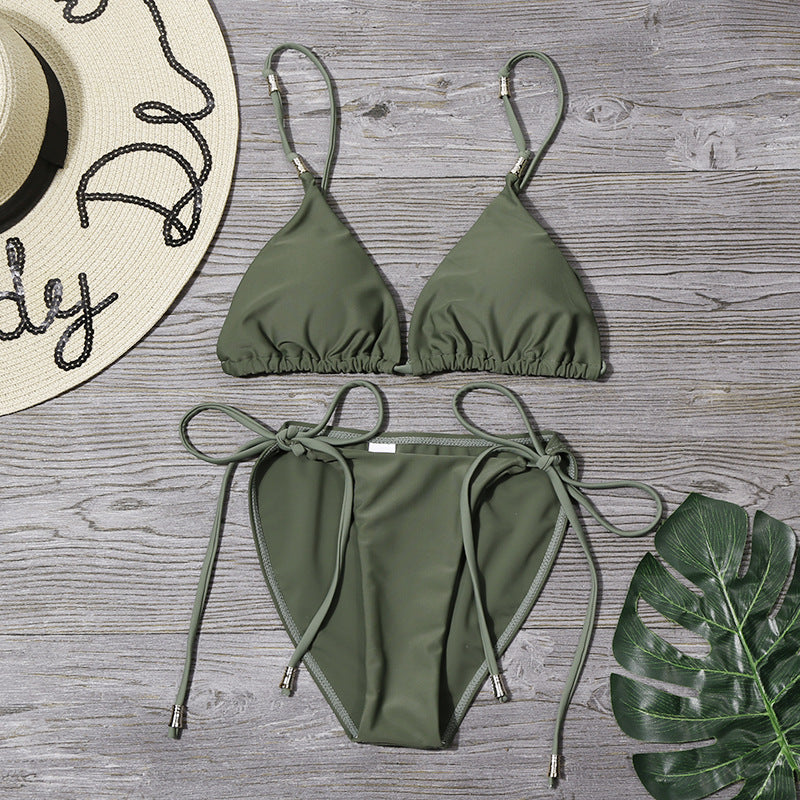 Olive Green Triangle Bikini Set with Metal Details