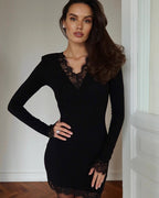 Long Sleeve Bodycon Mini Dress with Lace Trim Detail