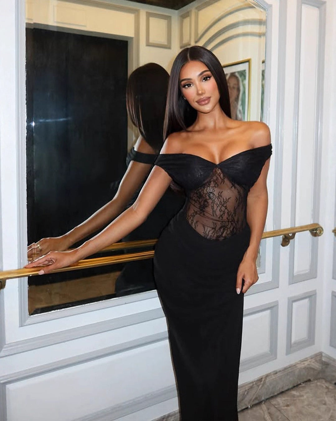 Off-Shoulder Lace Bodycon Maxi Dress with Sheer Panel