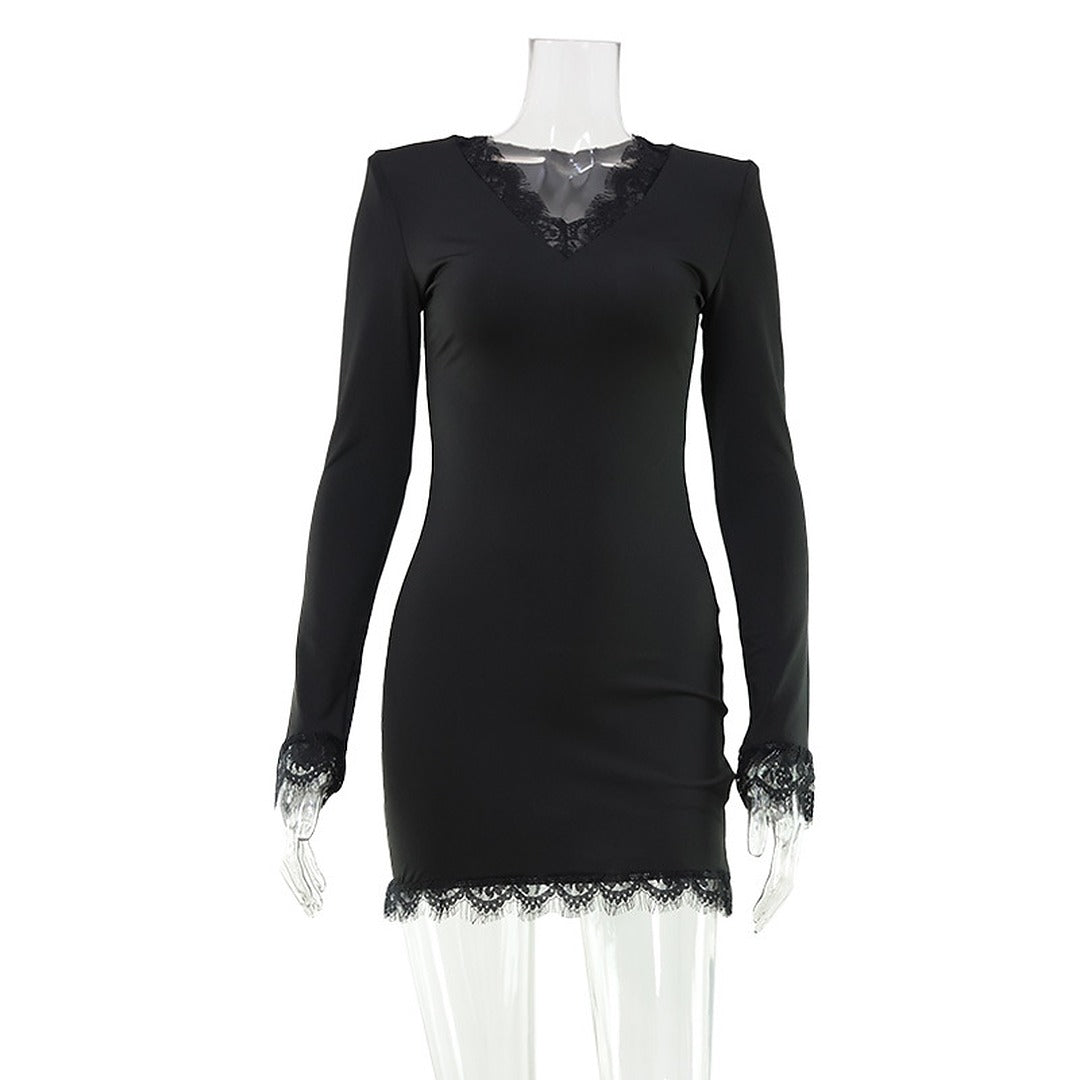 Long Sleeve Bodycon Mini Dress with Lace Trim Detail