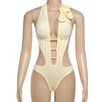 Cutout Monokini Swimsuit with Pearl Beading and Tie Details
