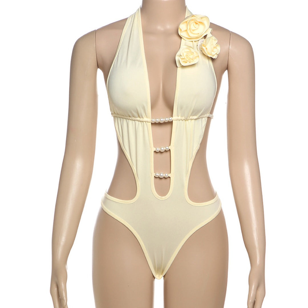 Cutout Monokini Swimsuit with Pearl Beading and Tie Details