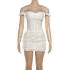 Off-Shoulder Corset Mini Dress with Textured Floral Detail