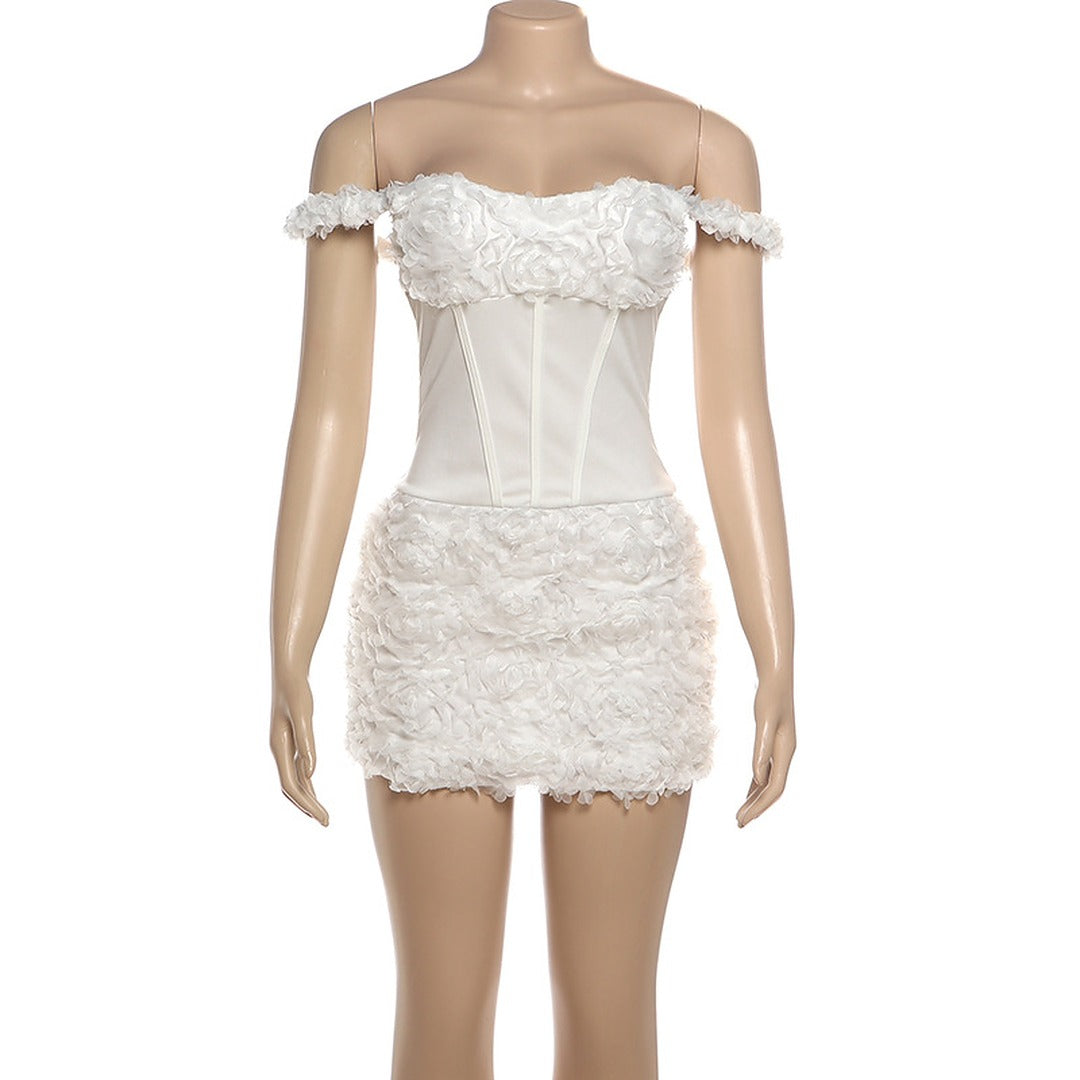 Off-Shoulder Corset Mini Dress with Textured Floral Detail