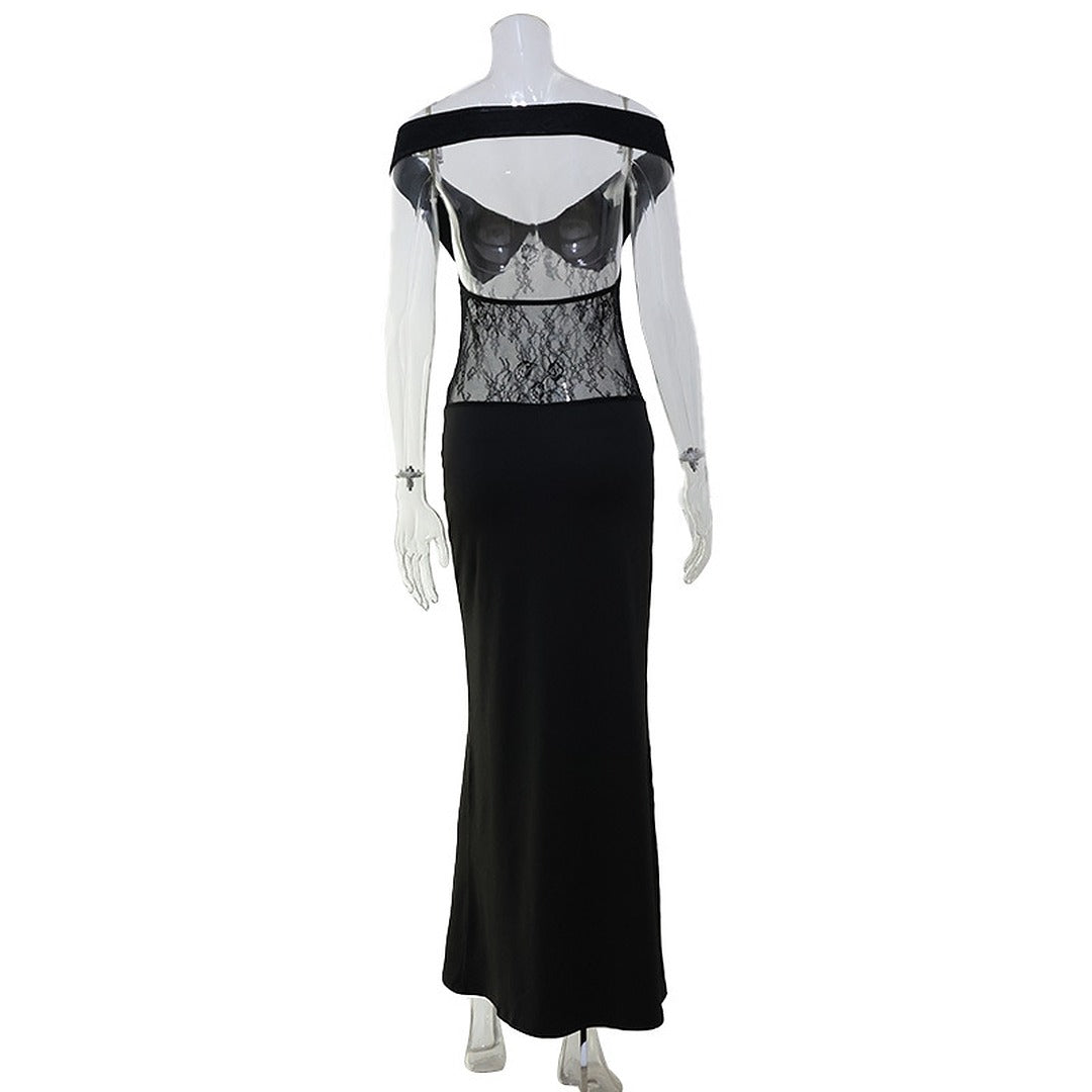 Off-Shoulder Lace Bodycon Maxi Dress with Sheer Panel