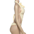 Cutout Monokini Swimsuit with Pearl Beading and Tie Details