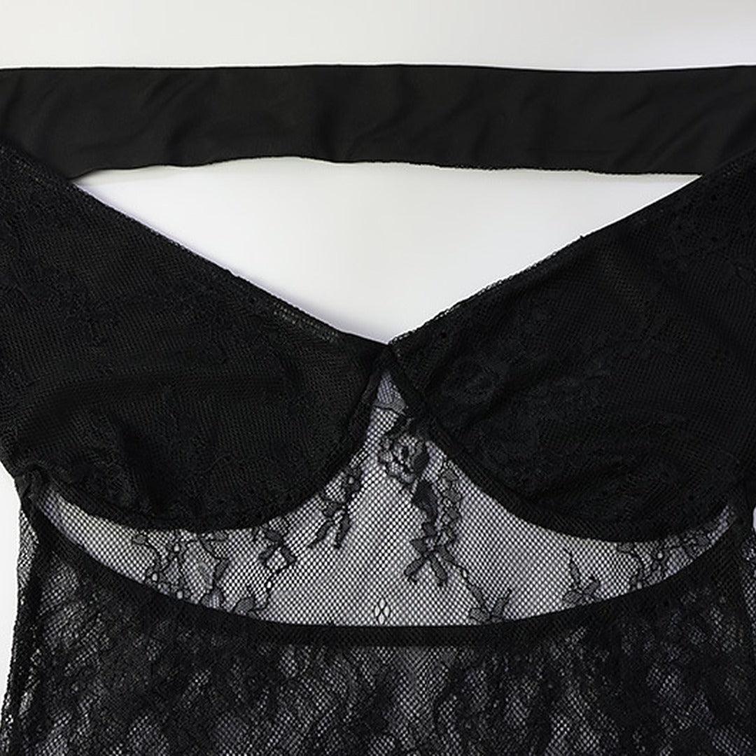 Off-Shoulder Lace Bodycon Maxi Dress with Sheer Panel