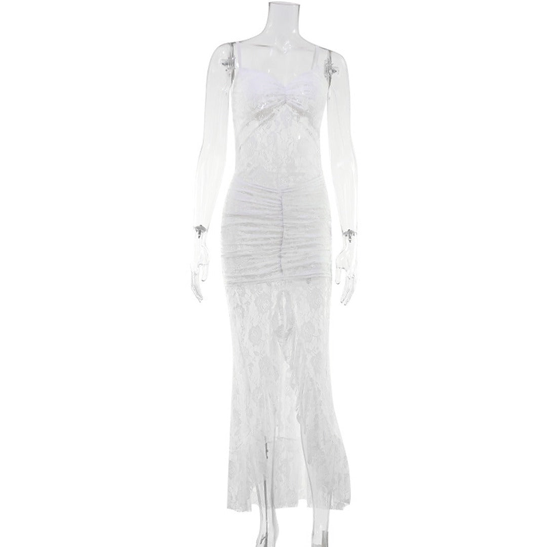 White Lace High-Low Dress with Ruffle Hem