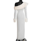 One Shoulder Maxi Dress with Faux Fur Trim and Side Slit