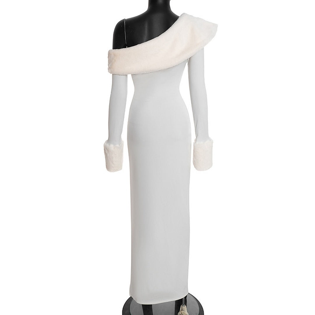 One Shoulder Maxi Dress with Faux Fur Trim and Side Slit