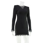 Long Sleeve Bodycon Mini Dress with Lace Trim Detail