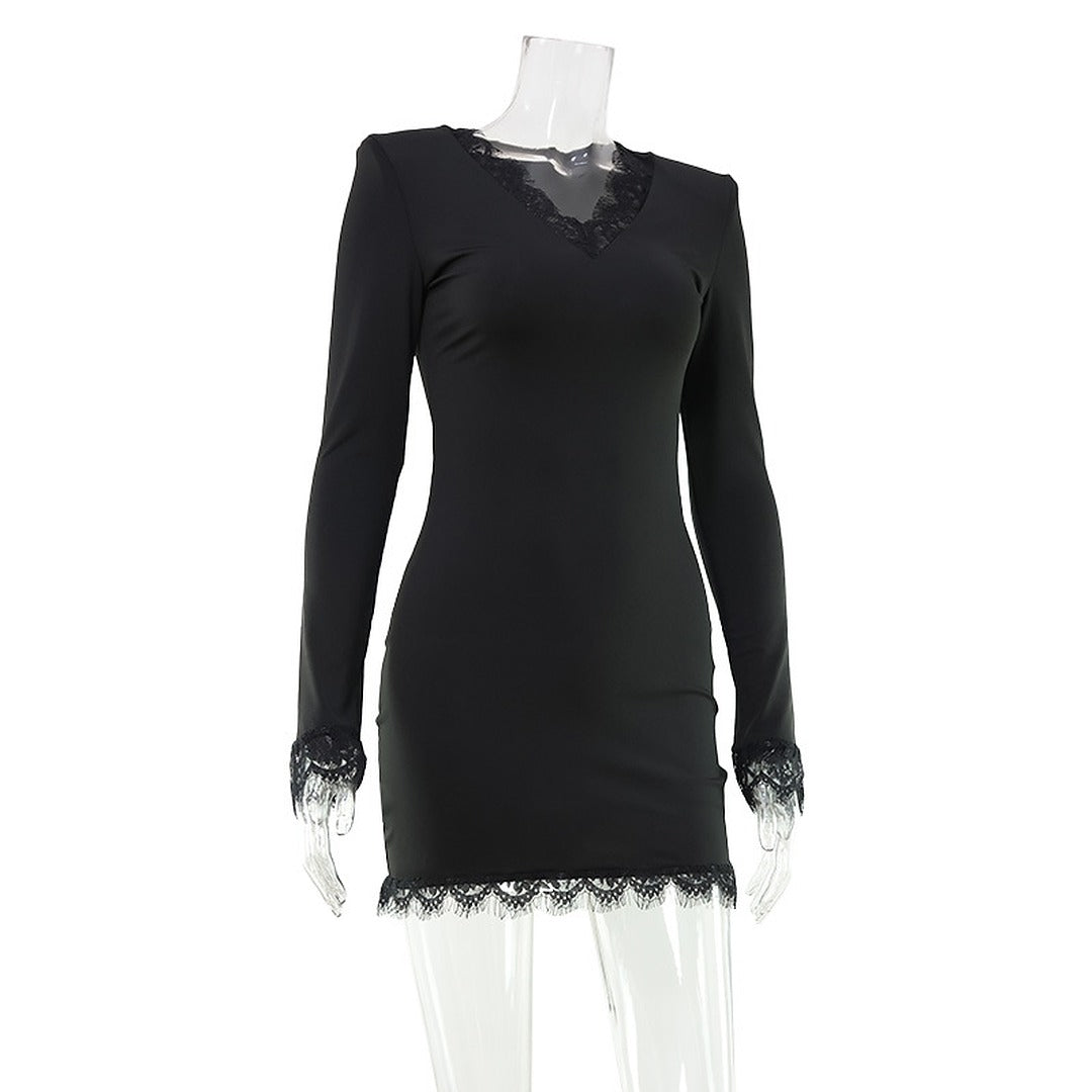 Long Sleeve Bodycon Mini Dress with Lace Trim Detail