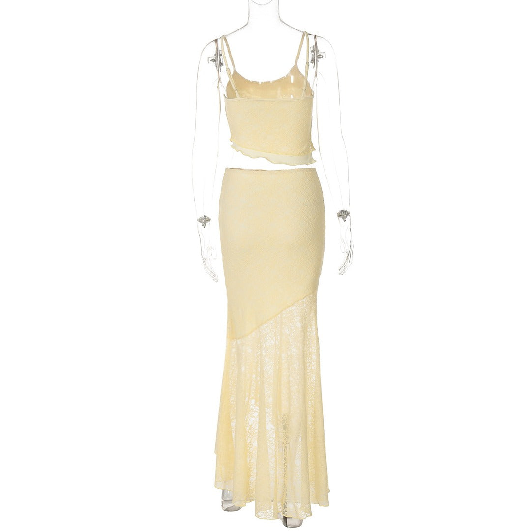 Two-Piece Lace Maxi Skirt Set with Crop Top