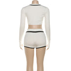 White Crop Jacket and Shorts Two-Piece Set with Black Trim