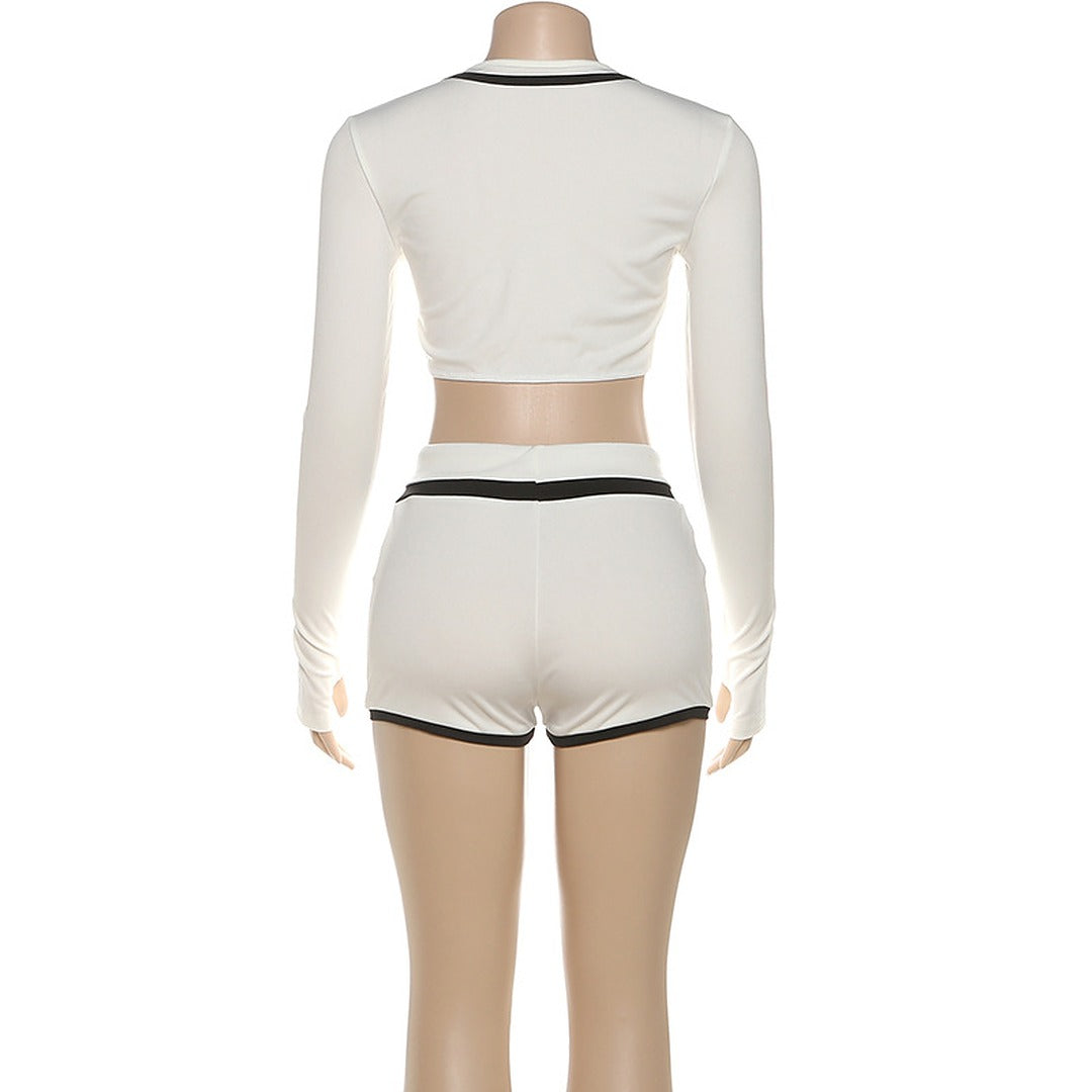 White Crop Jacket and Shorts Two-Piece Set with Black Trim