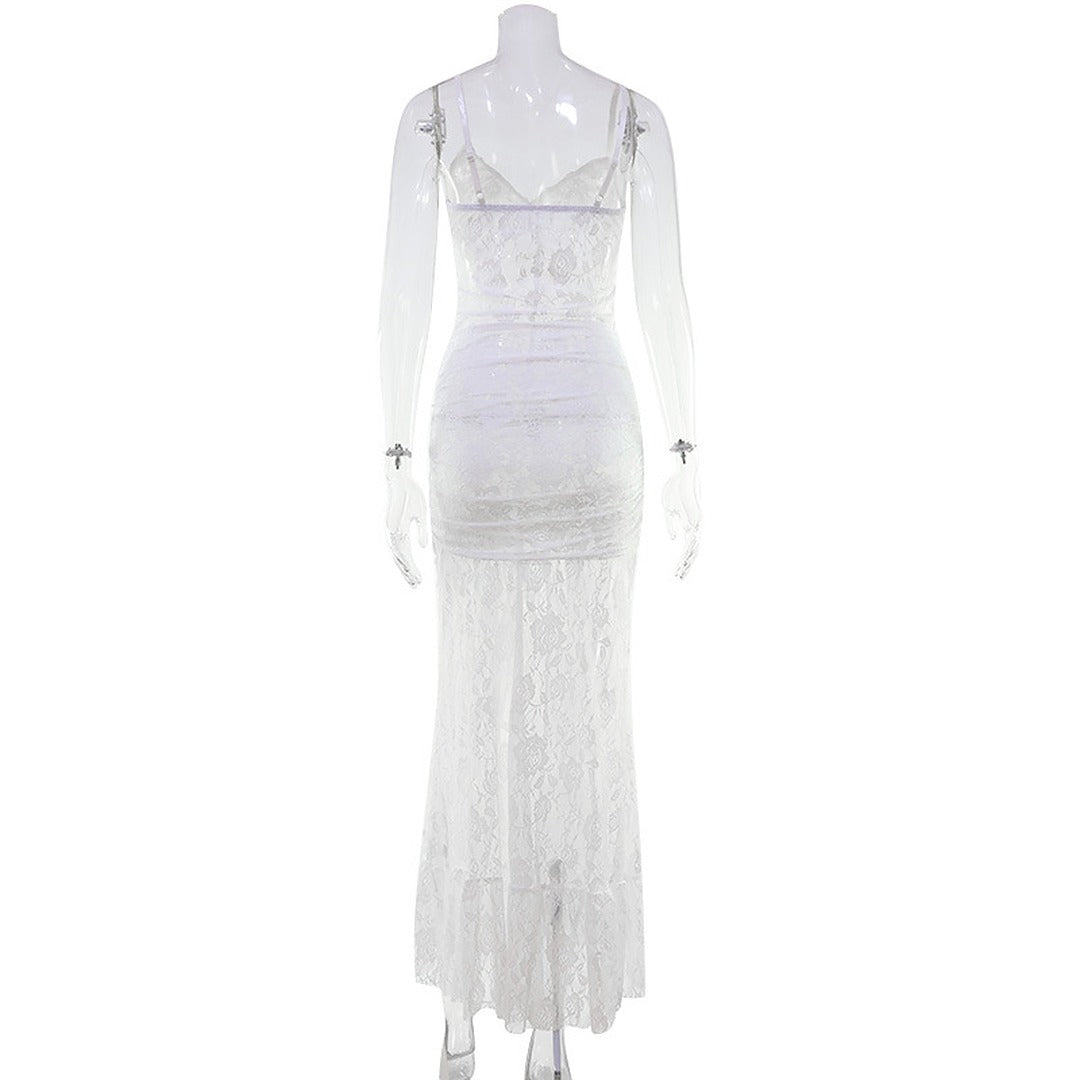 White Lace High-Low Dress with Ruffle Hem