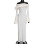 One Shoulder Maxi Dress with Faux Fur Trim and Side Slit