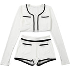 White Crop Jacket and Shorts Two-Piece Set with Black Trim