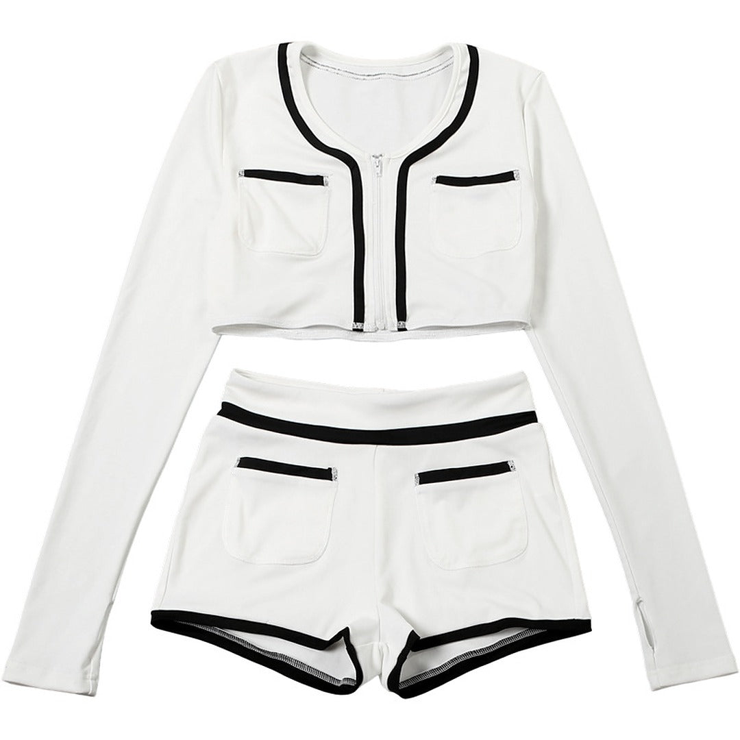 White Crop Jacket and Shorts Two-Piece Set with Black Trim