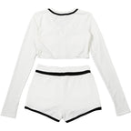 White Crop Jacket and Shorts Two-Piece Set with Black Trim