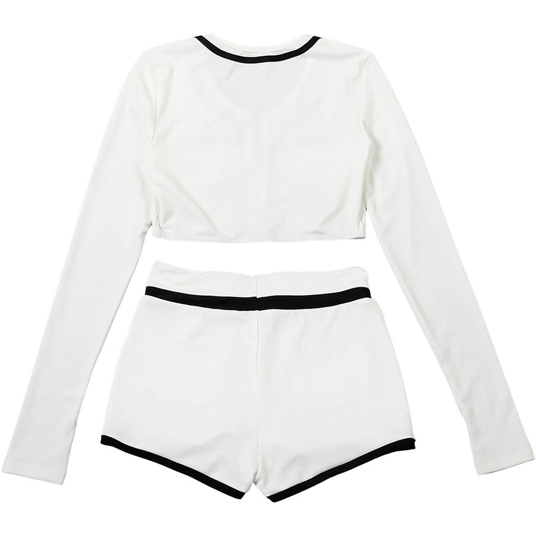 White Crop Jacket and Shorts Two-Piece Set with Black Trim