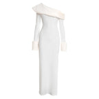 One Shoulder Maxi Dress with Faux Fur Trim and Side Slit