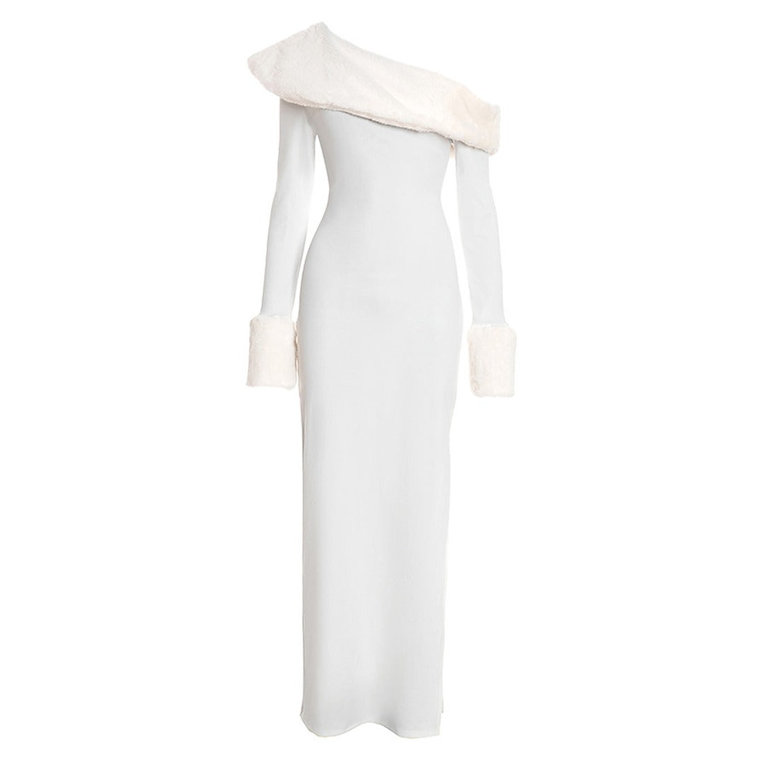 One Shoulder Maxi Dress with Faux Fur Trim and Side Slit