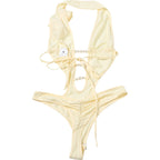 Cutout Monokini Swimsuit with Pearl Beading and Tie Details