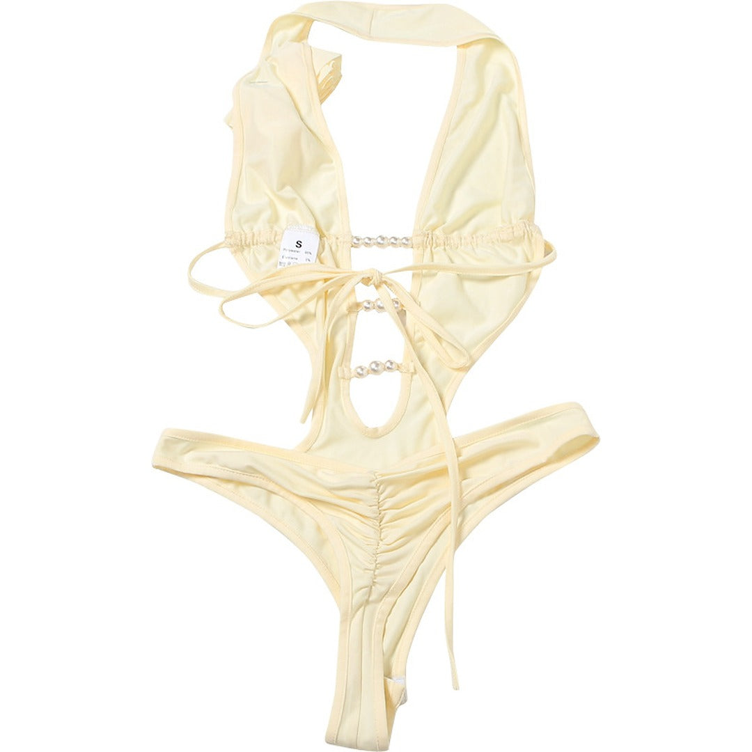 Cutout Monokini Swimsuit with Pearl Beading and Tie Details