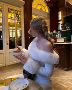 One Shoulder Maxi Dress with Faux Fur Trim and Side Slit