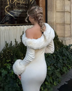 One Shoulder Maxi Dress with Faux Fur Trim and Side Slit