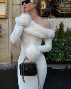 One Shoulder Maxi Dress with Faux Fur Trim and Side Slit