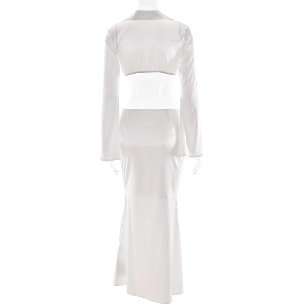 White Satin Crop Top and Maxi Skirt Set