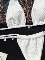 White Textured Triangle Bikini Set with Jewel Details