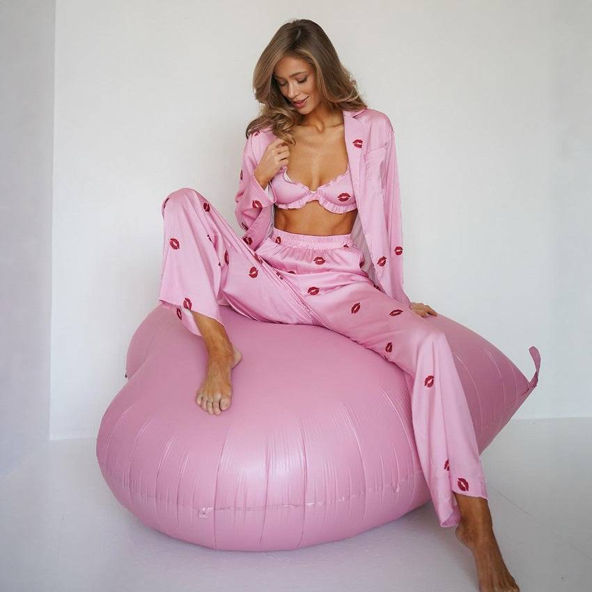 Pink Satin Pajama Set with Kiss Print