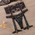Black Lace Bra and Panty Set with Red Rose Embroidery